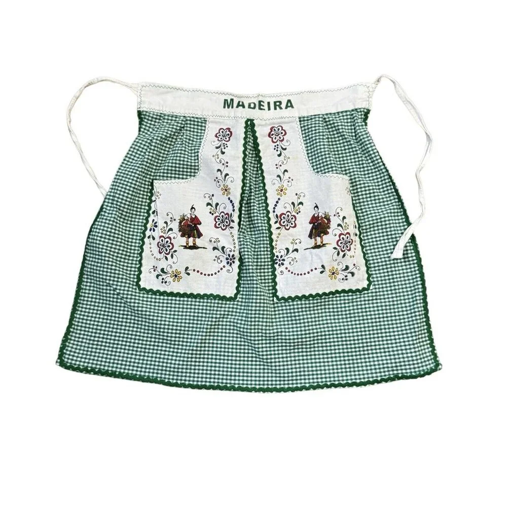 MADEIRA‎ Apron Green Gingham Two Pockets Rick Rack 100% Cotton Portugal